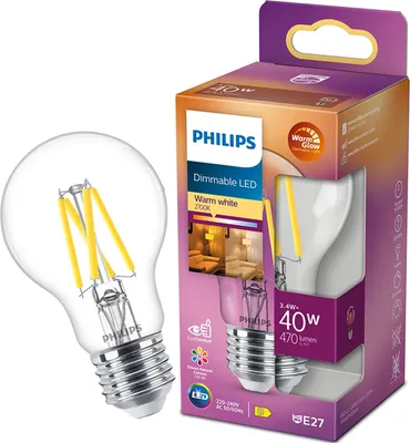 Produktbild von Philips Filament-Lampe, transparent, 40W A60 E27, 3,4 W, 40 W, E27, 470 lm, 15000 h, Warmes Glühen