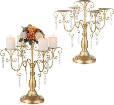 Produktbild von Goldene Kerzenhalter für Säulenkerzen - Set von 2 mit Kristallperlen für Hochzeiten und Weihnachts-Tischdekoration