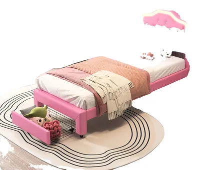 Image de Lit d'enfant, tête de lit réglable, tiroir de rangement, rose, 90 x 200 cm-a