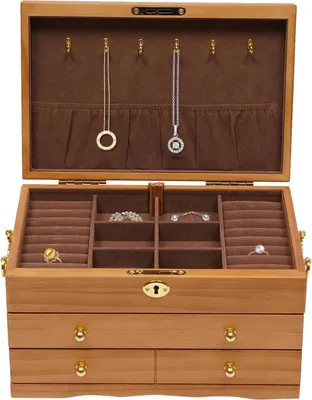 Image de Boîte à bijoux en bois - Organiseur à 3 niveaux - Avec serrure - 6 crochets - Style vintage - Pour commode/table de chevet - Marron