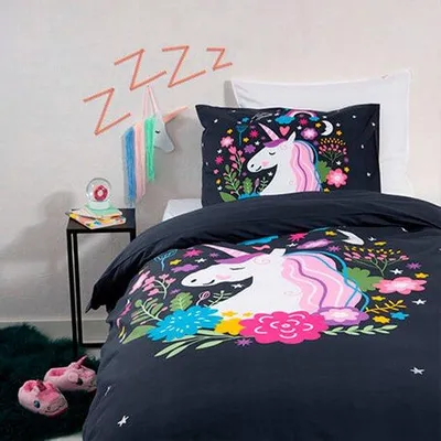 Produktbild von Unyqoos® Kinder-Bettbezug-Set „Happy Unicorn“ 140 x 200 cm – 100% Baumwolle, Junior-Bettwäsche für 1 Person, inkl. Kissenbezug, Einhorn-Motiv