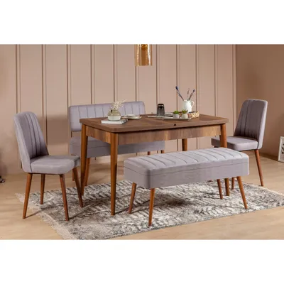 Obrázok produktu pre Skye Decor, Vina 0701 - 4 - Orech, Sivá, Sada rozkladacieho jedálenského stola a stoličiek (5-dielna), Orech, 100 % MELAMÍNOVANÉ DREVOTRIESKOVÉ DOSKY, 163 x 80 x 75 cm