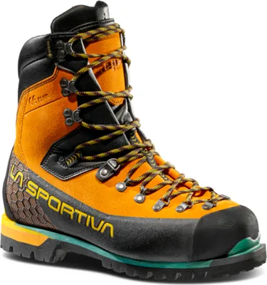Wanderstiefel "Nepal S3 Work Gtx" von La Sportiva in Orange und Schwarz mit grünem Sohlenrand.