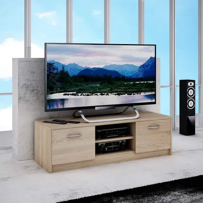 Produktbild von MATKAM Fernsehkommode 2DC H36xB120xT41 cm, laminierte Möbelplatte 16mm, zwei Ablagen mit Türen links und rechts, satinierte Griffe (Sonoma Eiche)