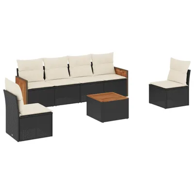 Produktbild von Modulares Gartenmöbel-Set, 7-tlg. Loungesofa mit cremeweißen Kissen, schwarzes Poly Rattan & Akazienholz, UV-beständig