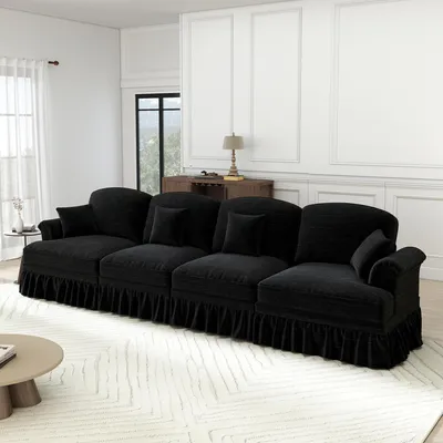 Produktbild von STILVORA 4-Sitzer Sofa Chenille-Stoff weich mit Trichter-Armlehnen und Kissen, Couch abnehmbare Rüschenschürze mit spindelförmigen Beinen, Wohnzimmersofa komfortabel für Wohnzimmer Schwarz