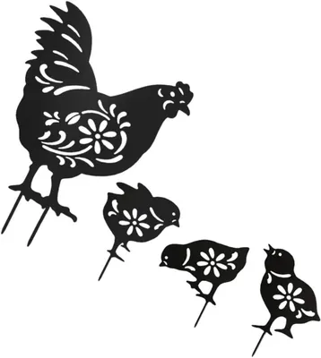 Produktbild von 4 Gartenhühnerfiguren aus Acryl mit Hahn und Hühnern für den Außenbereich, dekorative Gartenstecker und Hühnerstallschilder für Garten und Terrasse