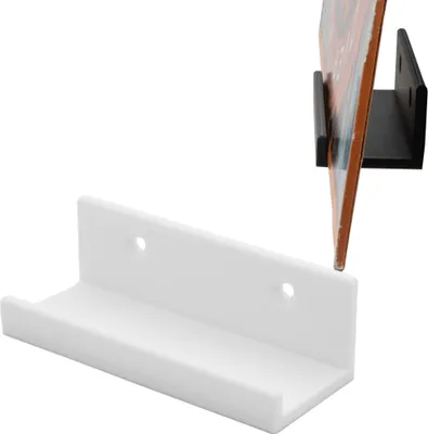 A white wall mount for vinyl records and a black wall mount holding a vinyl record, shown against a white background.
