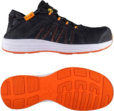 A product shot of a safety shoe and its sole, presented separately against a white background.
