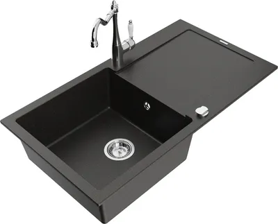 Produktbild von Mexen Leo 1 Becken-Granitspüle mit Abtropffläche und Mischbatterie Carla, Schwarz/Gold metallisch - 6501-75-670700-00