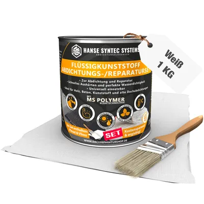 Produktbild von Flüssigkunststoff Abdichtungsset, Weiß 1KG, inkl. Pinsel und Vlies - 3-fache Ergiebigkeit - 1m² SET, Lösemittel- & bitumenfrei, Dichtet sofort