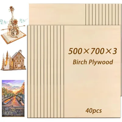 Produktbild von Lindenholz-Sperrholzplatten - Unbehandeltes Holz - 40 Stück - 500 x 700 mm - 3 mm Stärke - Für Lasergravur, Bemalung und Modellbau