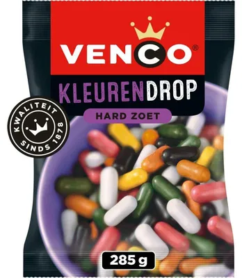 Obrázek produktu pro Venco Kleurendrop Karamelové bonbony ze ženuanu, 285 g - Barevné, ovocné kousky ženuanu