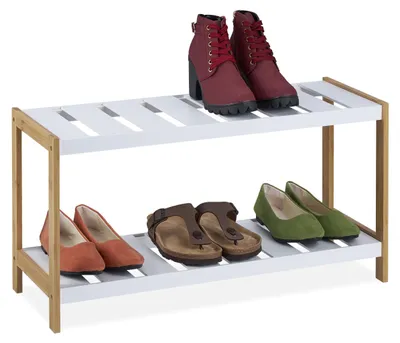 Schuhregal 2 Ebenen, 6 Paar, 35,5x70x26,5 cm, MDF & Bambus, Weiß/Natur