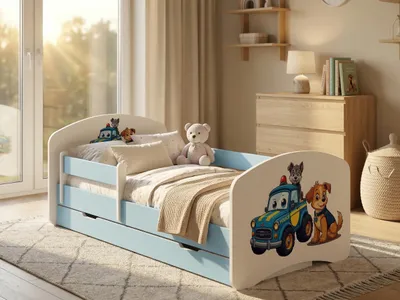 Produktbild von Happy Babies Kinderbett - mit Rausfallschutz Junge 140x70 Bett für Kinderzimmer mit Schublade & Matratze Einzelbett für Kinder Weiß/Blau, Der Hund und die Polizei | Hundethema (Nr 2)