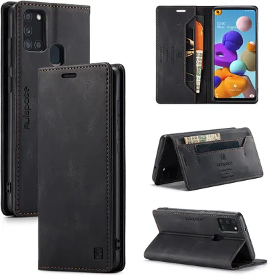 Produktbild von Samsung Galaxy A21S Brieftasche Hülle, Retro Kunstledertasche Stand Schutzhülle für Samsung Galaxy A21S Schwarz