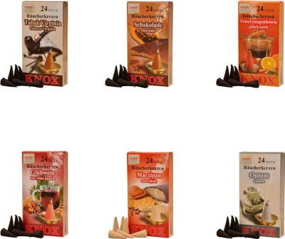 Produktbild von KNOX 6er Set Räucherkerzen Opium/Marzipan/Schokolade/Glühwein/Tabak Virginia/Feuerzangenbowle - Inhalt jeweils 24 Stück, Größe M (Standard)