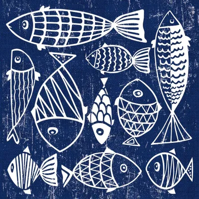 Produktbild von 20 Servietten La Mer - Weiße Fische auf dunkelblau 33x33cm