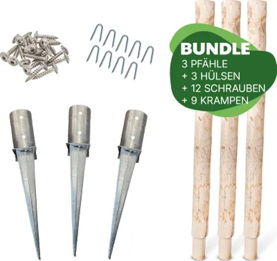 Produktbild von 3 Stk. teilgefräste Pfosten aus Kastanie, Länge 150 cm, Durchmesser 8 cm inkl. Einschlaghülsen, Schrauben und Krampen