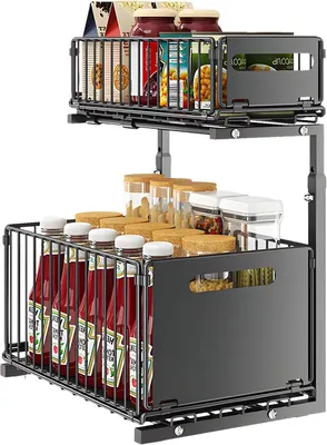 Produktbild von Ausziehbarer Schrank Organizer 2 Etagen – Unterspüle Küchenregal Verstellbar aus Stahl Schwarz