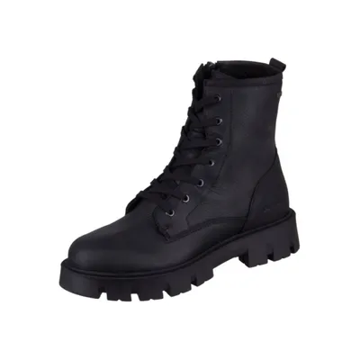 A black leather boot on a white background.