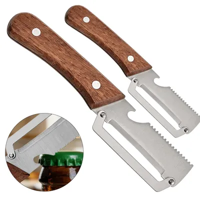 Produktbild von 2er Set 3-in-1 Gemüseschäler, Edelstahl Kartoffelschäler mit Holzgriff, Julienne Schäler & Flaschenöffner, Peeler für Obst & Gemüse