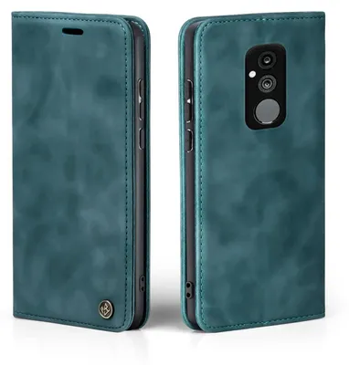 A teal flip case for a smartphone is shown from two angles, front and back.