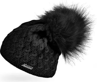 Produktbild von Warme Strickmütze Damen Wintermütze Bommelmütze Zopfmuster gefüttert mit Bommel Neverless® schwarz unisize