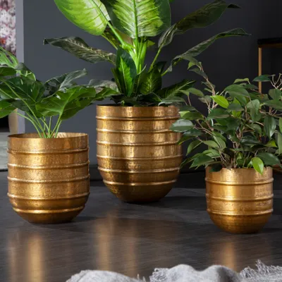 Produktbild von Edles 3er Set Blumentopf  ORIENT gold Vasen im Grid Hammerschlagdesign