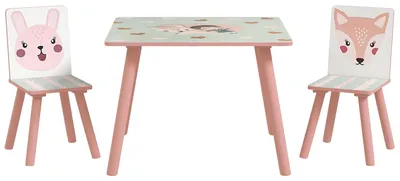 Productafbeelding van Kinderzitset van grenenhout, tafel met 2 stoelen, dierenmotief, kinderkamer, 3-8 jaar, roze
