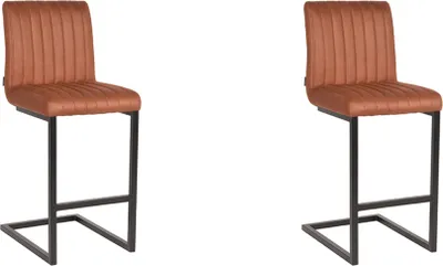 Two brown bar stools with black metal legs are shown against a white background.