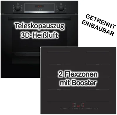 Produktbild von HERDSET Bosch Backofen Teleskopauszug + PKM Induktionskochfeld - schwarz autark 60 cm