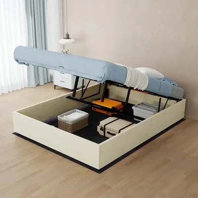 Produktbild von Polsterbettrahmen 140 x 200 cm Samt Pneumatikfeder beige