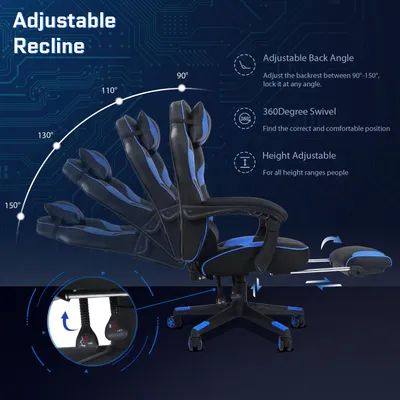 Produktbild von Puluomis Gaming Stuhl mit Massage und Fußstütze 150kg, Bürostuhl Ergonomisch Chefsessel Schreibtischstuhl Racing Stuhl Computerstuhl Blau Schwarz