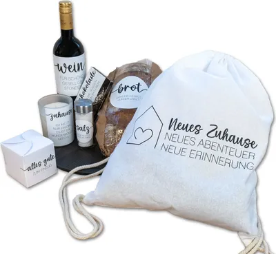 Produktbild von younikat Geschenkidee zum Einzug Baumwollbeutel und 6 Stück Aufkleber I Etiketten für Brot Salz Wein Einzugsgeschenk Einweihung I Geschenk zum Umzug I dv1538