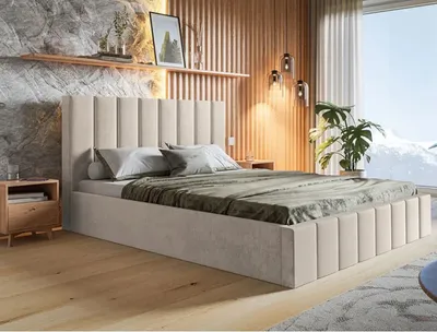 Produktbild von Polsterbett SIM 10 mit Kopfteil, 160x200 cm, Doppelbett mit Bettkasten und Lattenrost aus Holz, Velourstoff, Farbe: Beige