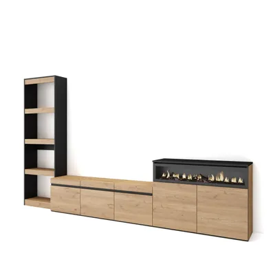 Produktbild von Wohnwand Wohnzimmer, 310x35x186cm, Für TV-Geräte bis zu 65", Elektrokamin, Eiche und Schwarz