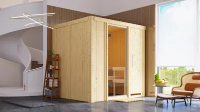 Produktbild von Karibu Sauna Innensauna Sodin Fronteinstieg Ofen 9 kW integr. Strg 196x170x198 cm ohne Dachkranz mit Klarglastür