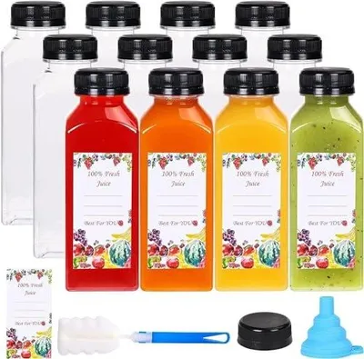 Zdjęcie produktu dla Butelki na sok plastikowe pet przezroczyste z nakrętkami zestaw 12 szt.