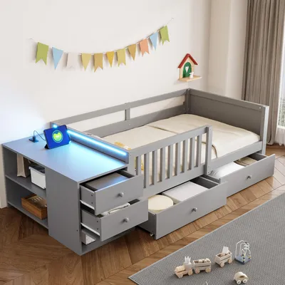 Produktbild von okwish Tagesbett 90×200 mit Schreibtischfunktion und Doppelschubladen,Kinderbett mit LED und Steckdose,Einzelbett in Grau,ohne Matratze