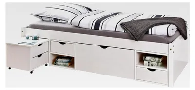 Produktbild von Einzelbett mit Schubladen – 90 x 200 cm – Kojenbett mit Stauraum – Praktisches Jugendbett – Kiefer massiv – Weiß lackiert – Platzsparendes Jugendzimmerbett