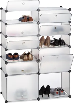 Produktbild von Relaxdays Schuhregal Kunststoff, Regalsystem 12 Fächer, XXL Steckregal, mit Türen, HxBxT: 125 x 94 x 37 cm, transparent