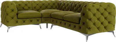 Produktbild von S-STYLE MÖBEL - Chesterfield Ecksofa Cleo mit Silber Metall Füßen aus Olive Samtstoff, Ottomane links, B/T/H: 264 cm / 204 cm/ 75 cm