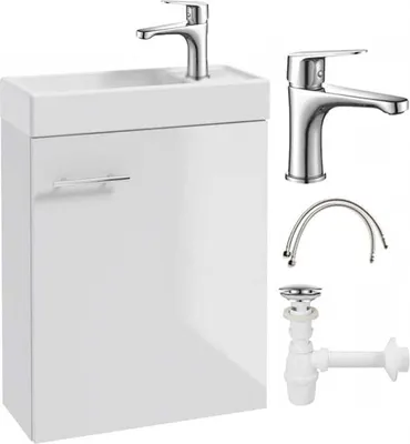 Produktbild von DomoDomo Bad Unterschrank Waschbecken Weiß – 50 x 70 x 21,3 cm, Badezimmer Set mit Waschtisch und Armatur, Hängeschrank, modernes Badmöbel, Waschbecke