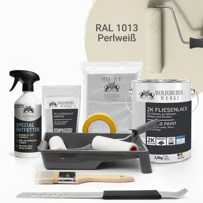 Produktbild von WO-WE Komplettset 2K Fliesenlack Renovierungsset für Küche, Badezimmer, Wand- & Bodenfliesen Perlweiss 2,5Kg