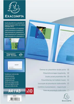 Produktbild von Exacompta 3967E - 10er Pack Doppel-Präsentationsmappe für DIN A4 und DIN A3 geeignet, mit Visitenkartenhalterung Präsentationshülle doppelseitig transpartent