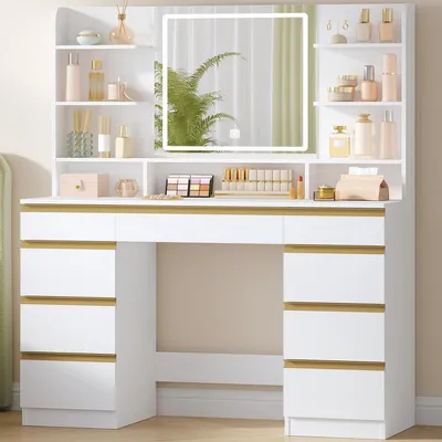 Produktbild von Schminktisch mit LED-Beleuchtung, 3 Farben, Helligkeitsregulierung, Spiegel, 9 Schubladen, 9 offene Ablagen, Weiß-Gold