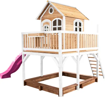 Produktbild von AXI Spielhaus Liam mit Sandkasten & lila Rutsche | Stelzenhaus XXL in Braun & Weiß aus Holz für Kinder | Spielturm mit Wellenrutsche für den