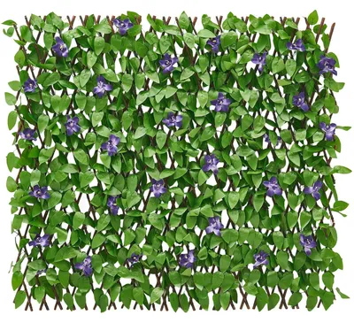 Productafbeelding van Uitbreidbare privacy-scherm voor omheining, 64,9 x 310 cm. Kunstplantenwand, realistische kunstplantenwand met 50 kabelbinders. Decoratieve, kunstmatige groene beplanting voor balkon, terras en buitenruimte