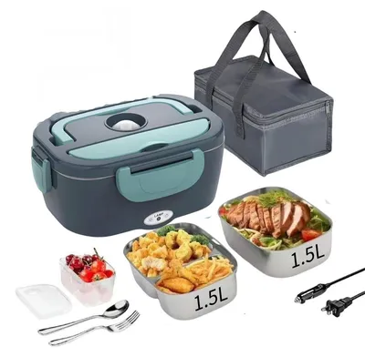 Productafbeelding van Zimilo 1.5L Elektrische lunchbox, gemaakt van 304 roestvrij staal, met een waterloze verwarmingsfunctie. Lekdichte warmhoudbox voor auto, kantoor, kamperen en reizen, blauw
